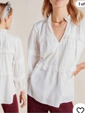 Maeve By Anthropologie White Clip Dot Ruffle Peasant Blouse Size S